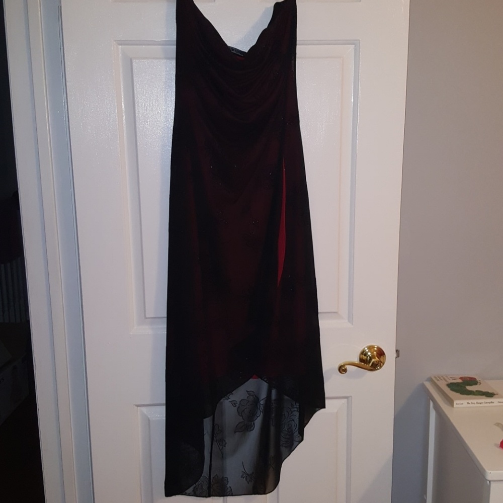 Black and red strapless, high low dress